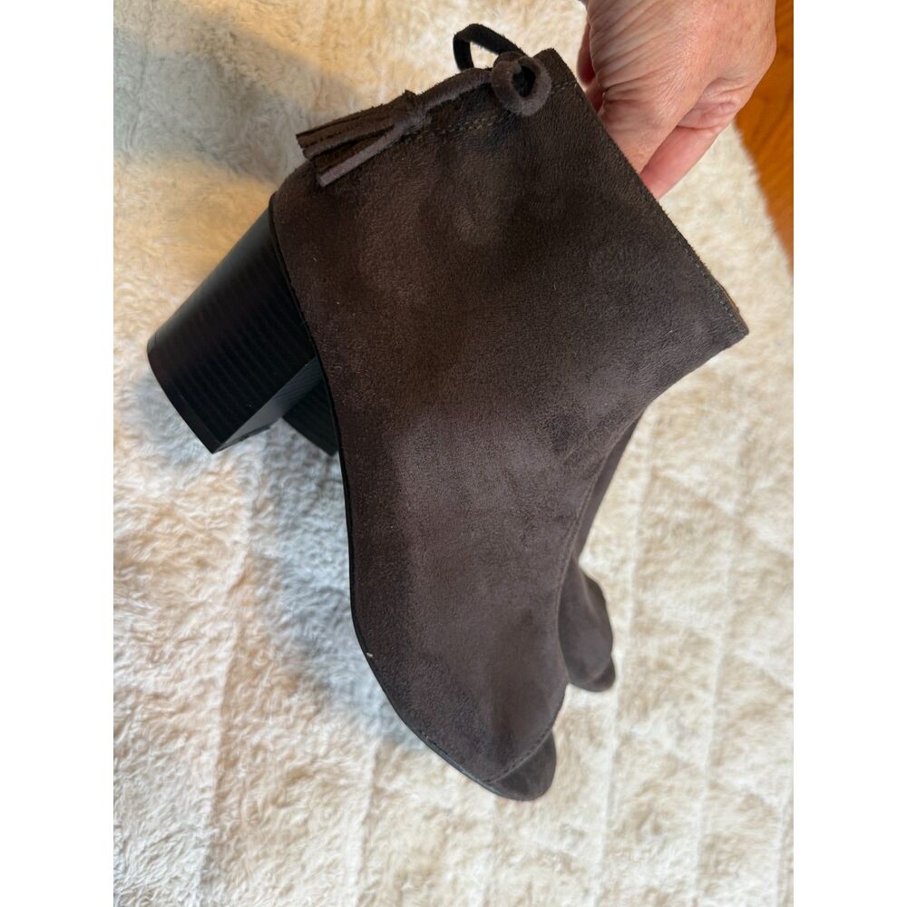 Dressbarn "Sage" Suede Tassel Peep-Toe Booties in Dark Brown